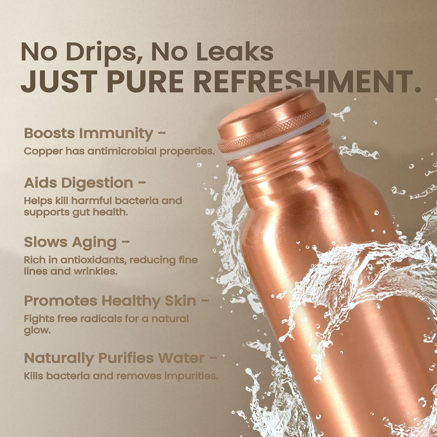 34 Oz Lab Tested Pure Copper Water Bottle for Drinking 1000 Ml Ayurvedic Leak Proof and Joint Free, Bpa-Free Eco-Friendly, Non-Toxic, Handcrafted for Hydration and Wellness, Plain