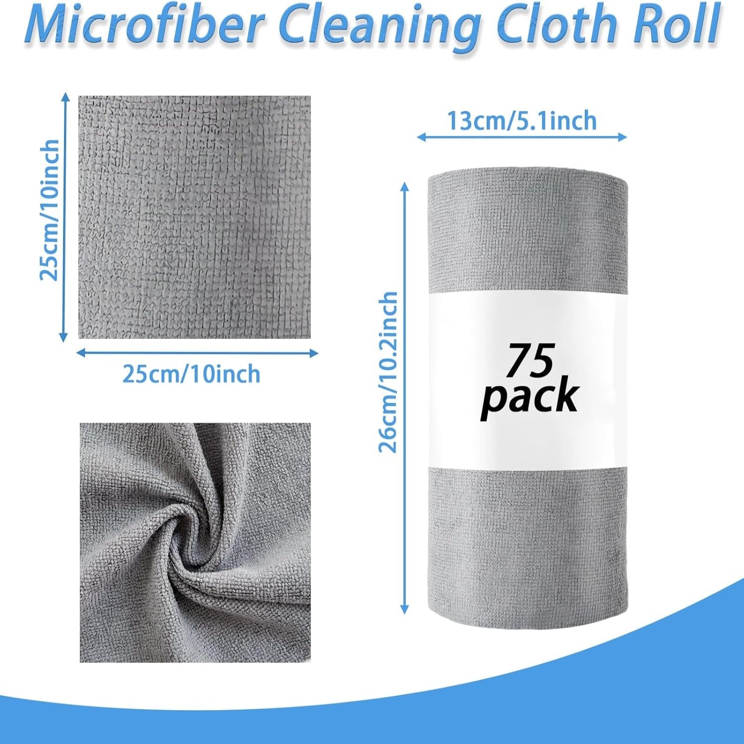 75 Pack Microfiber Cleaning Cloth Roll,Reusable Tear Away Microfiber Towels,Washable Ultra Absorbent Rags Drying Dishcloths for Car,Home,Garage or Shop(Grey)